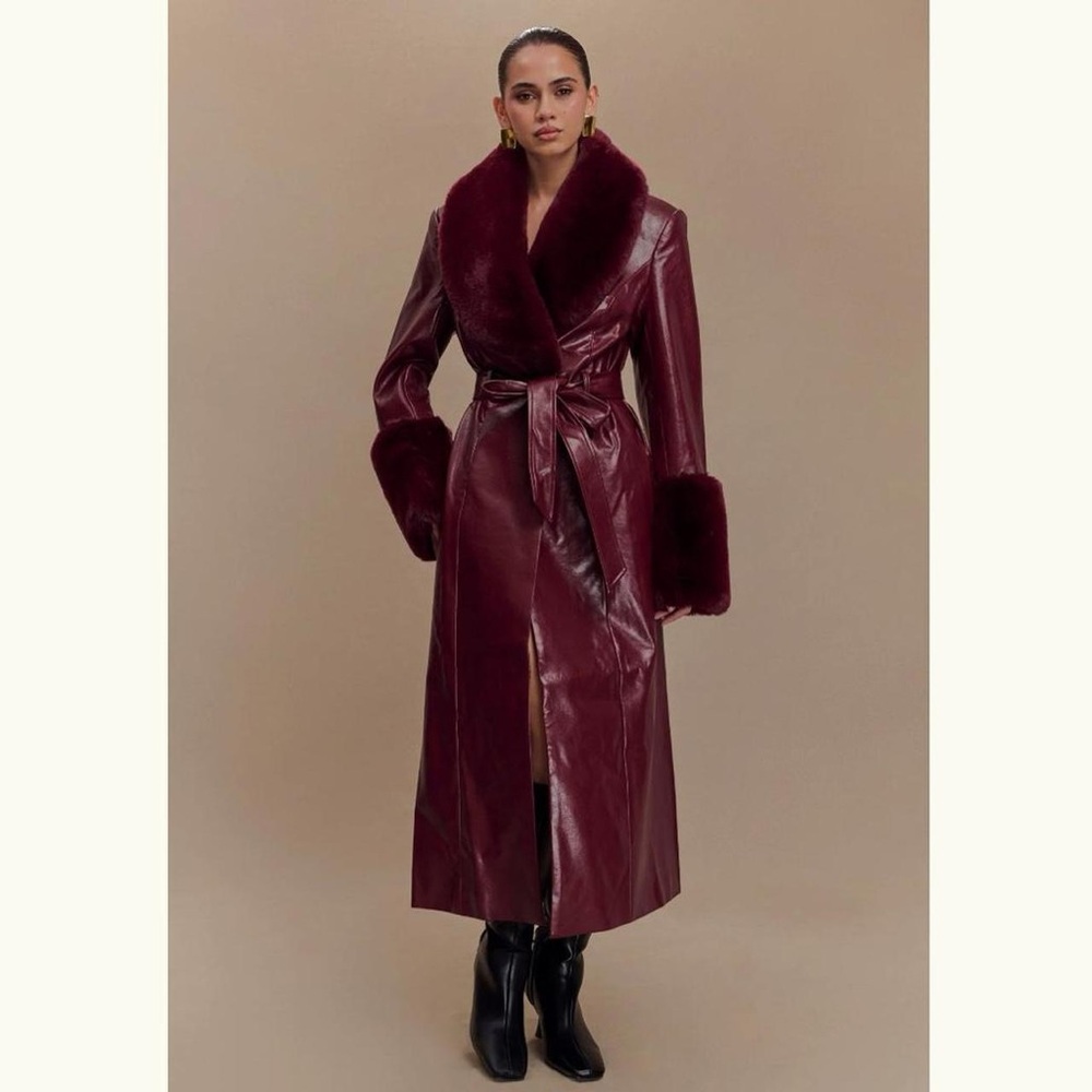 Meshki Burgundy Faux-Leather Trench Coat with Faux-Fur Trim